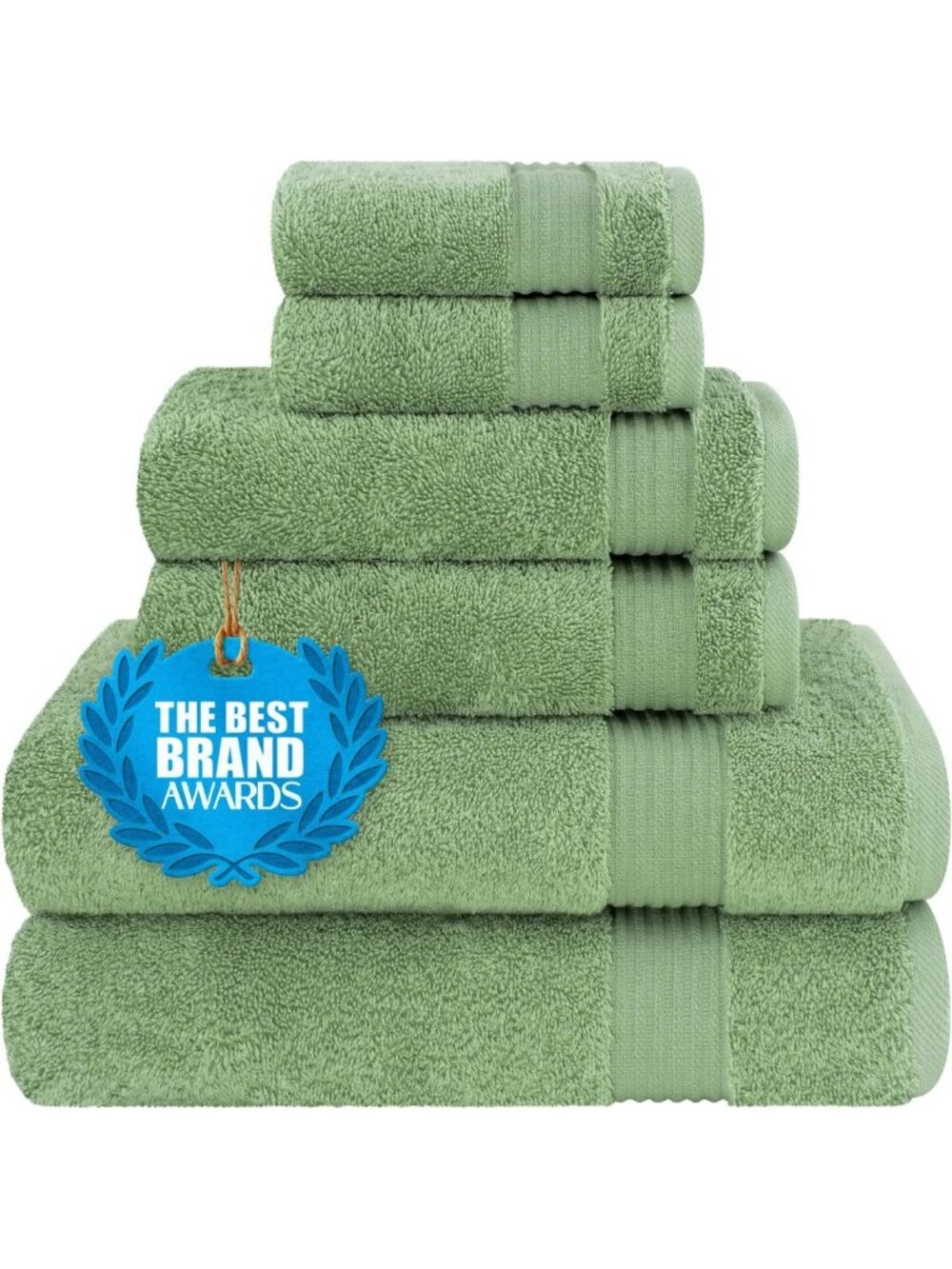 Soft Cotton Towel Set of 6 - 2 Bath, 2 Hand & 2 Washcloths - Green Bathroom
